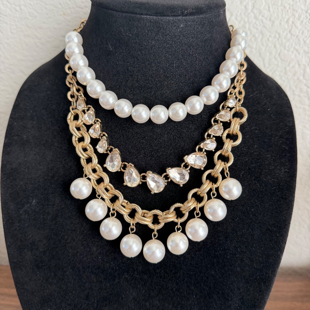 NY Collection Gold Tone Multi Strand Faux Pearl Crystal Statement Necklace
